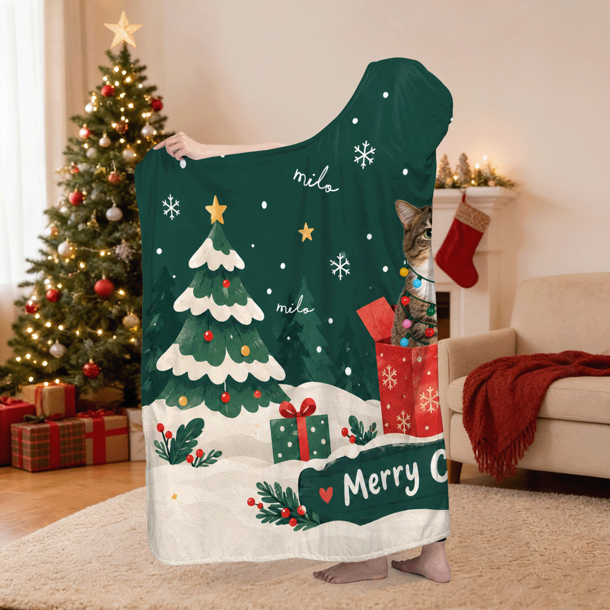 Personalized custom pet photo gift box Merry Christmas hooded blanket side view showing the sherpa lining