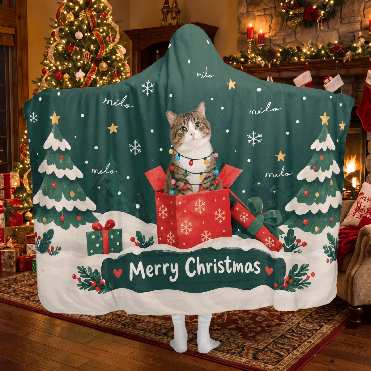 Custom name pet photo gift box Merry Christmas hooded blanket, view 4