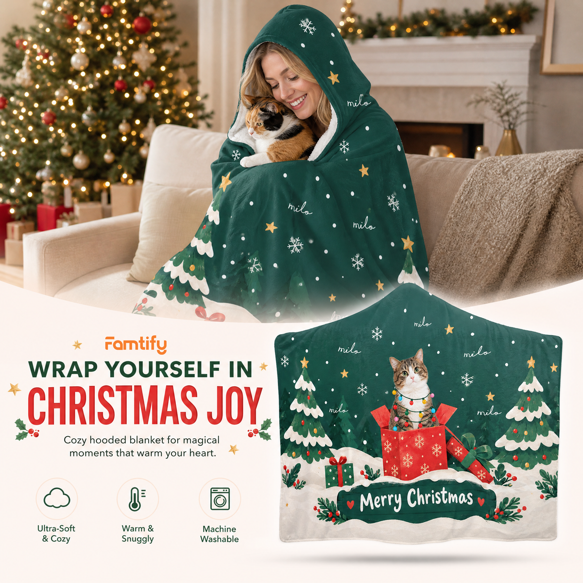 Custom name pet photo gift box Merry Christmas hooded blanket, view 6