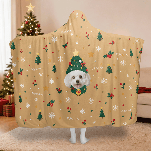 Personalized custom pet photo tree hat pattern Christmas hooded blanket with custom name, back view