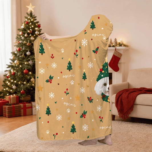 Personalized custom pet photo tree hat pattern hooded blanket side view showing the sherpa lining