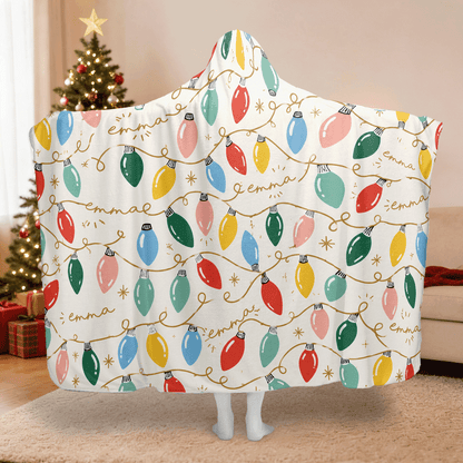Personalized vintage Christmas lights hooded blanket with custom name, back view