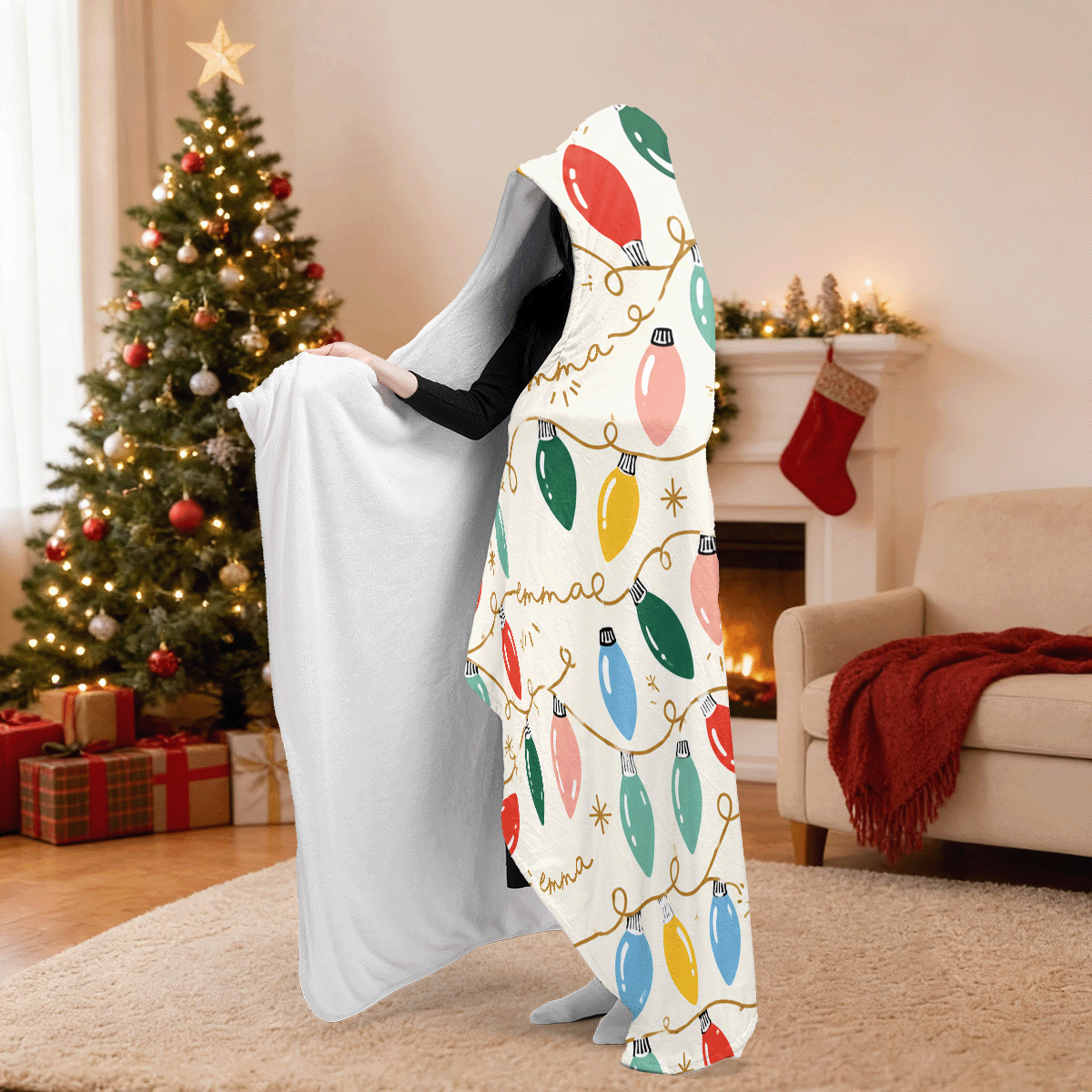Personalized vintage Christmas lights hooded blanket side view showing the sherpa lining