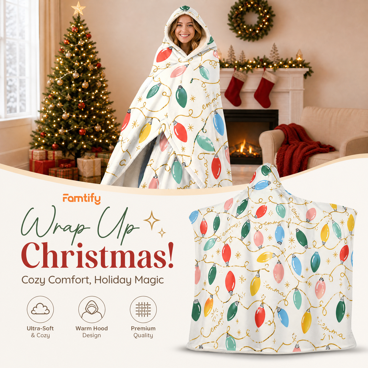 Custom name vintage Christmas lights hooded blanket, view 3