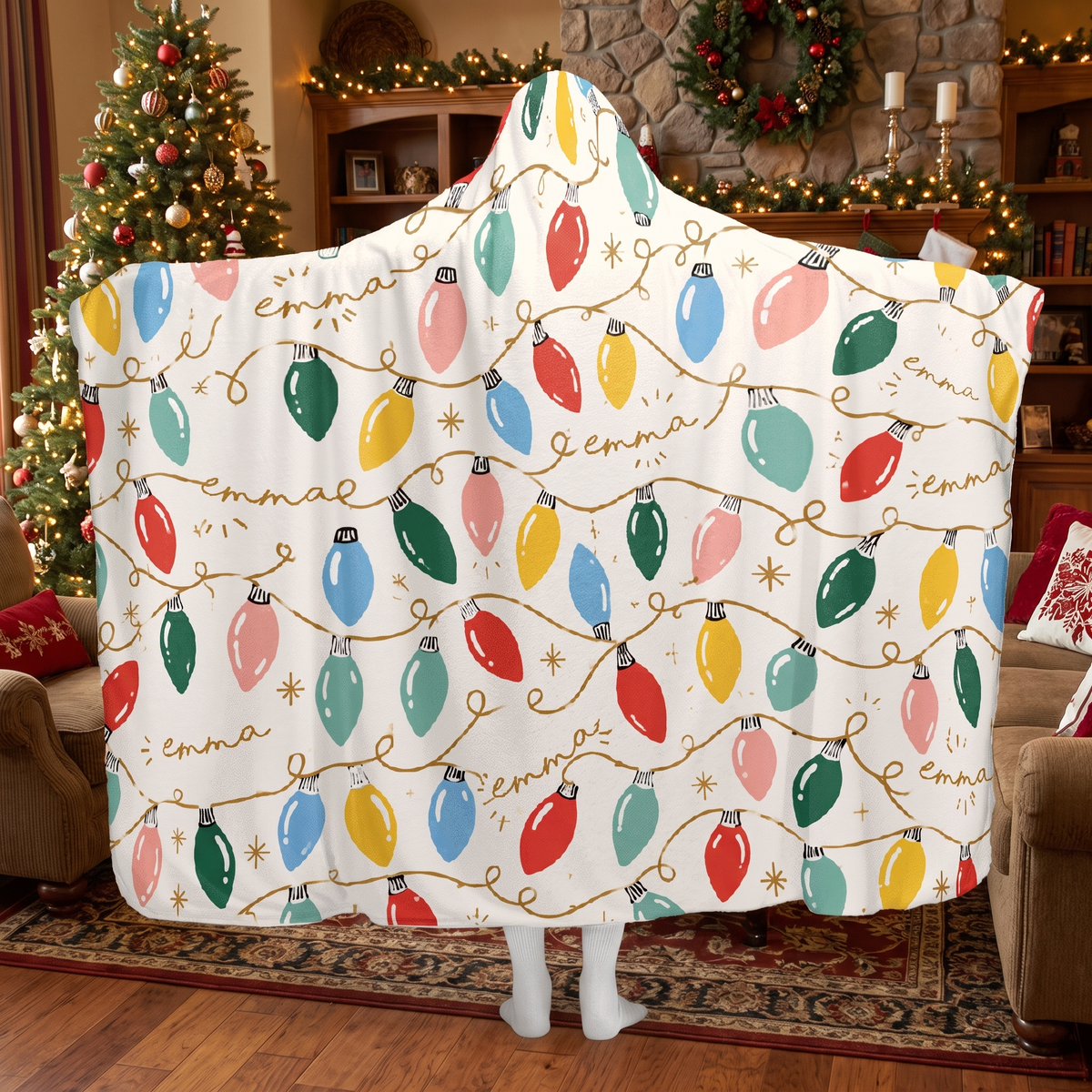 Custom name vintage Christmas lights hooded blanket, view 4