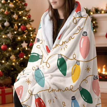 Custom name vintage Christmas lights hooded blanket, view 5