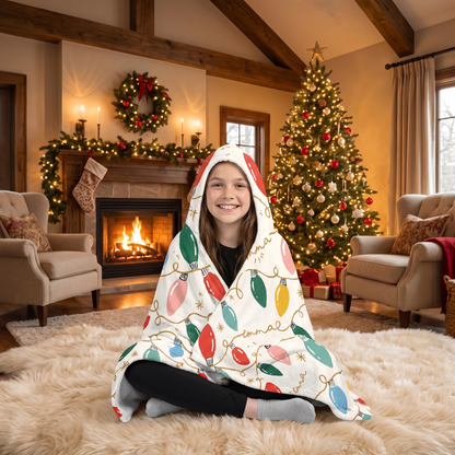 Custom name vintage Christmas lights hooded blanket, view 6