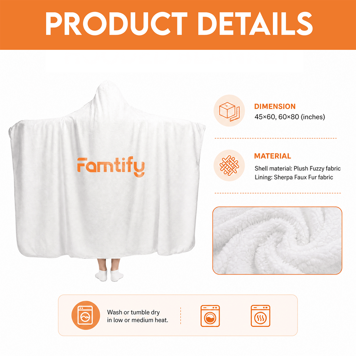 Hooded blanket size guide: 45x60 and 60x80 inches, plush shell with sherpa lining