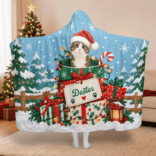 Personalized custom pet photo Santa hat gift tag Christmas hooded blanket with custom name, back view