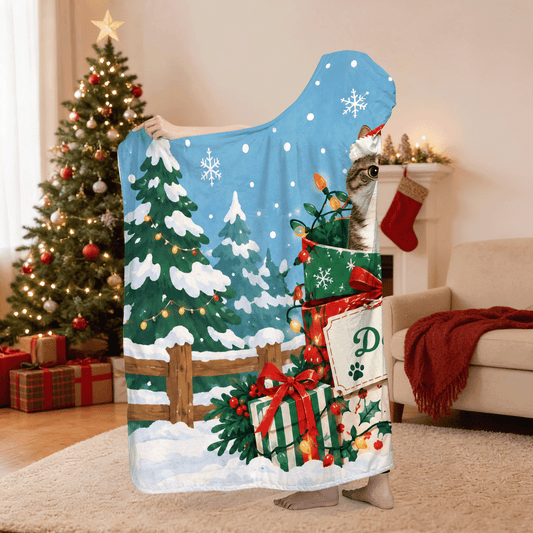 Personalized custom pet photo Santa hat gift tag hooded blanket side view showing the sherpa lining