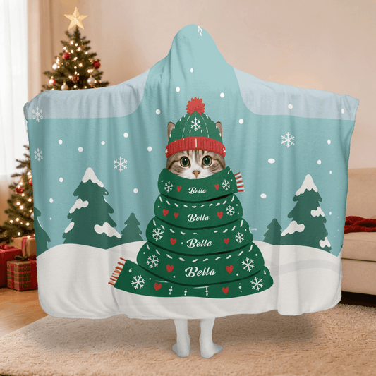 Personalized custom pet photo scarf Christmas tree hooded blanket with custom name, back view