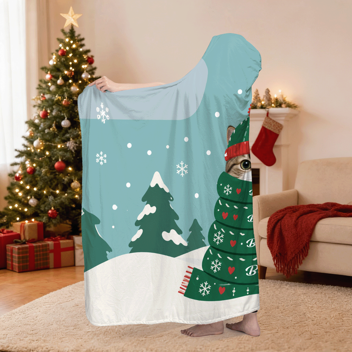Personalized custom pet photo scarf Christmas tree hooded blanket side view showing the sherpa lining