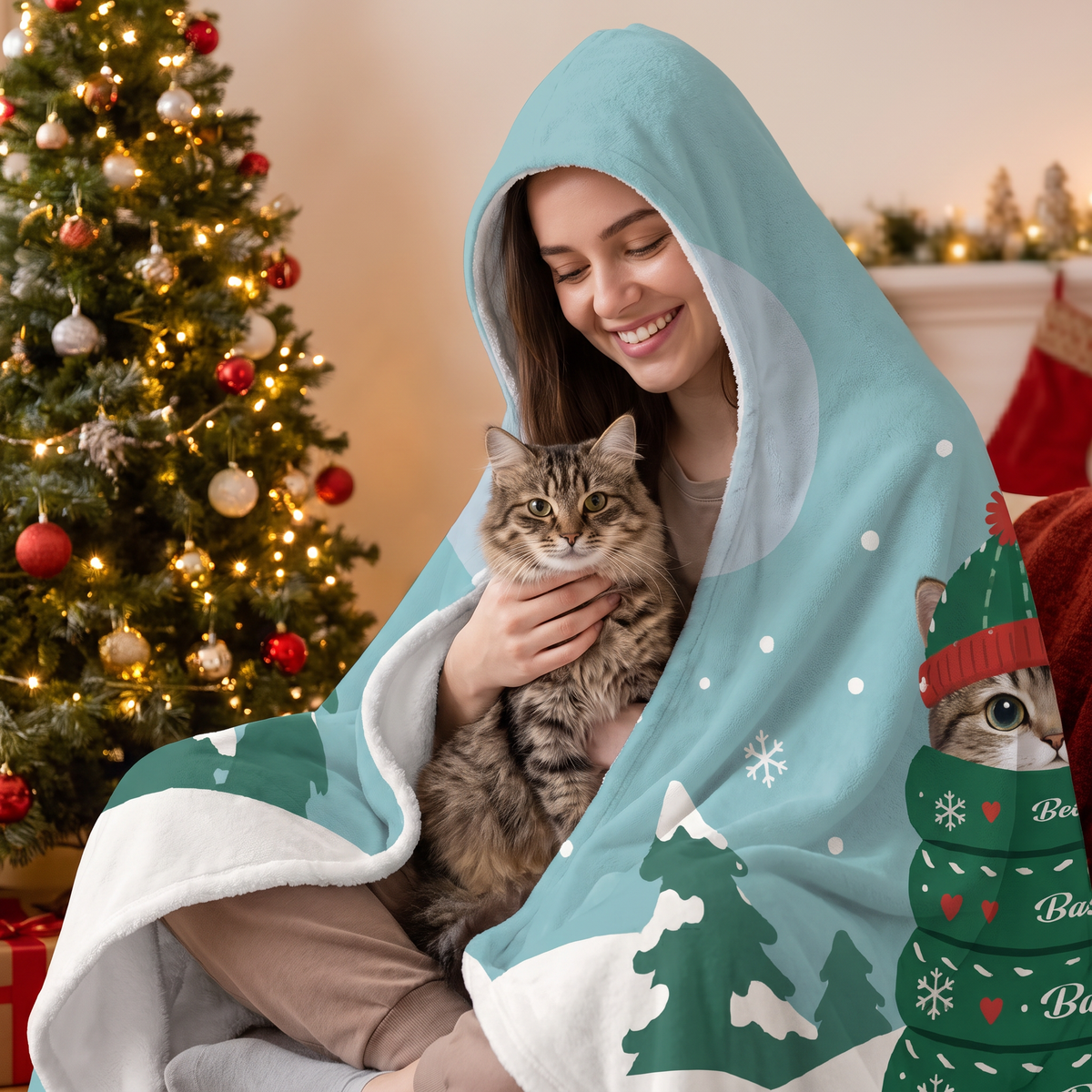 Custom name pet photo scarf Christmas tree hooded blanket, view 5