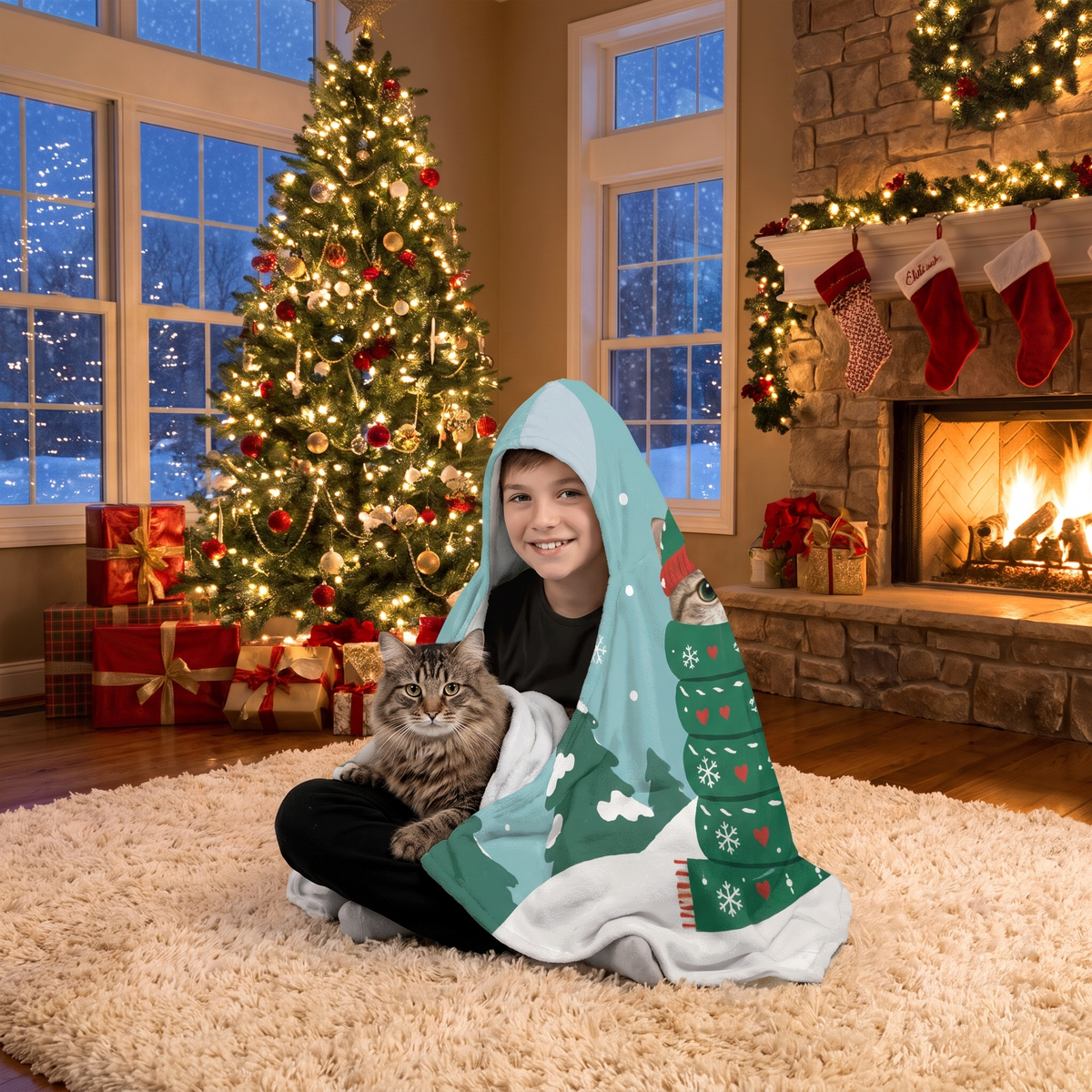 Custom name pet photo scarf Christmas tree hooded blanket, view 6