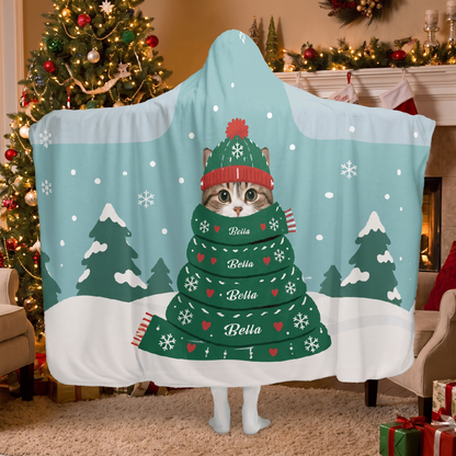 Custom name pet photo scarf Christmas tree hooded blanket, view 8