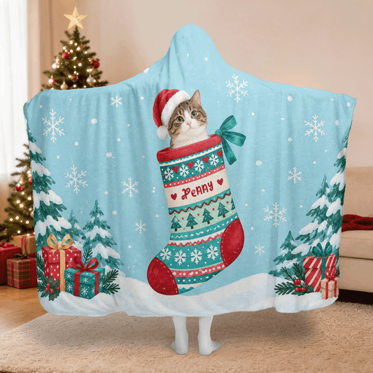 Personalized custom pet photo knit stocking snowflake Christmas hooded blanket with custom name, back view