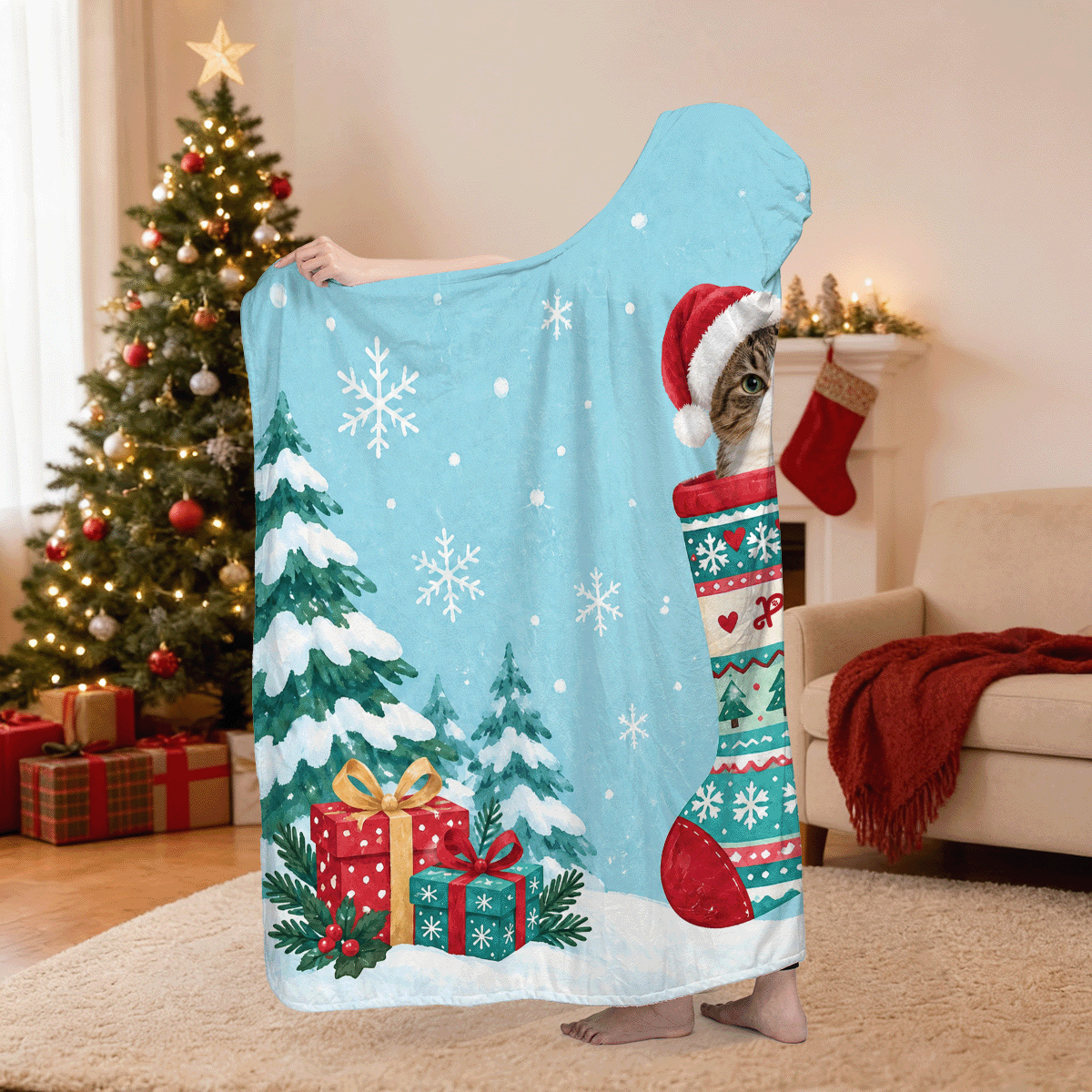 Personalized custom pet photo knit stocking snowflake hooded blanket side view showing the sherpa lining