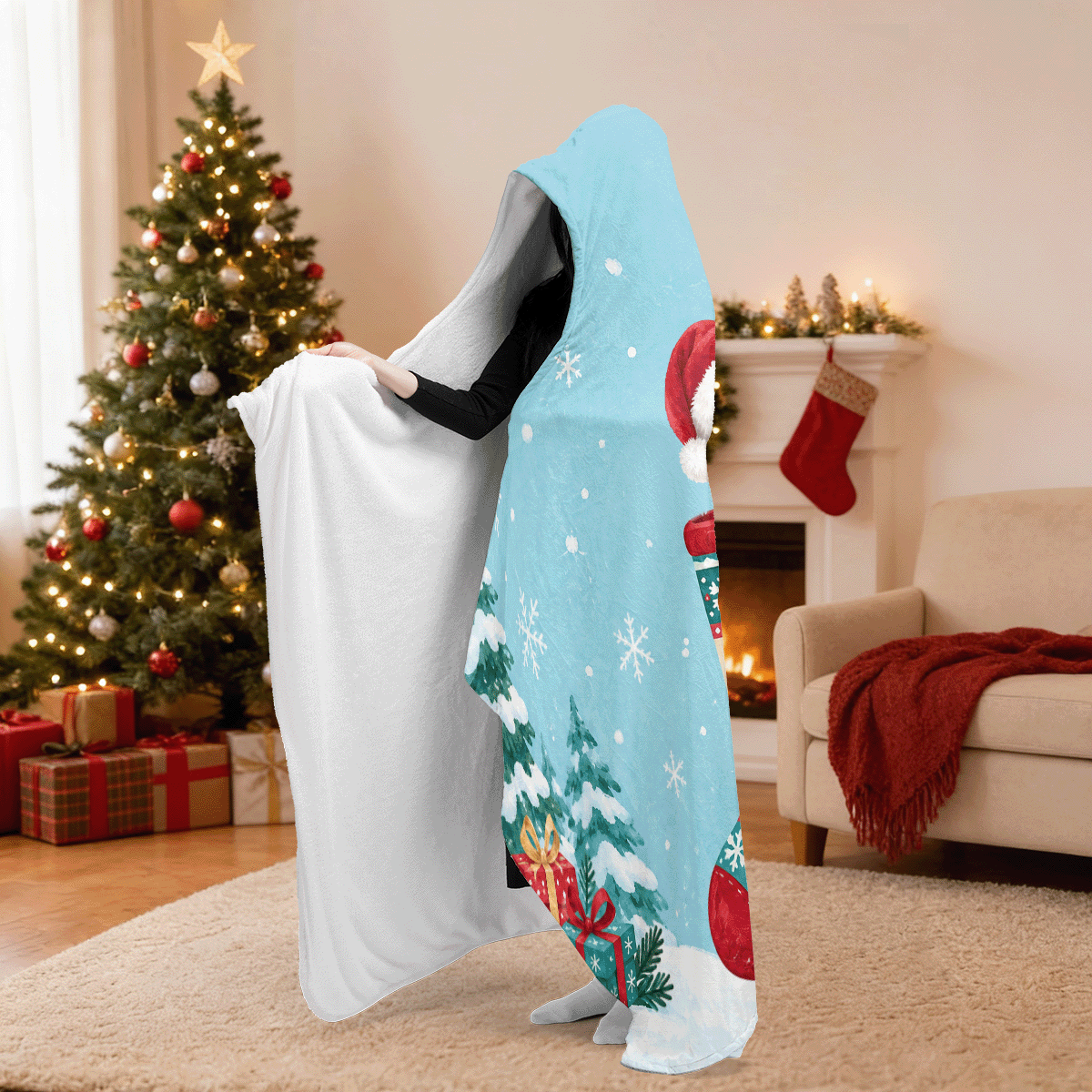 Custom name custom pet photo knit stocking snowflake Christmas hooded blanket, view 3