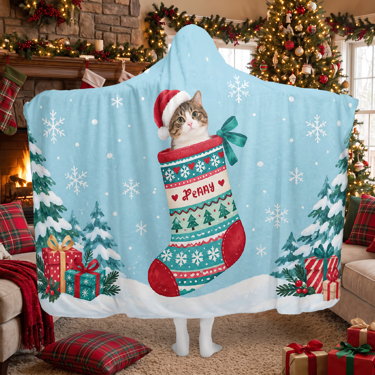 Custom name custom pet photo knit stocking snowflake Christmas hooded blanket, view 6