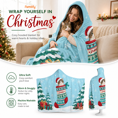 Custom name custom pet photo knit stocking snowflake Christmas hooded blanket, view 7