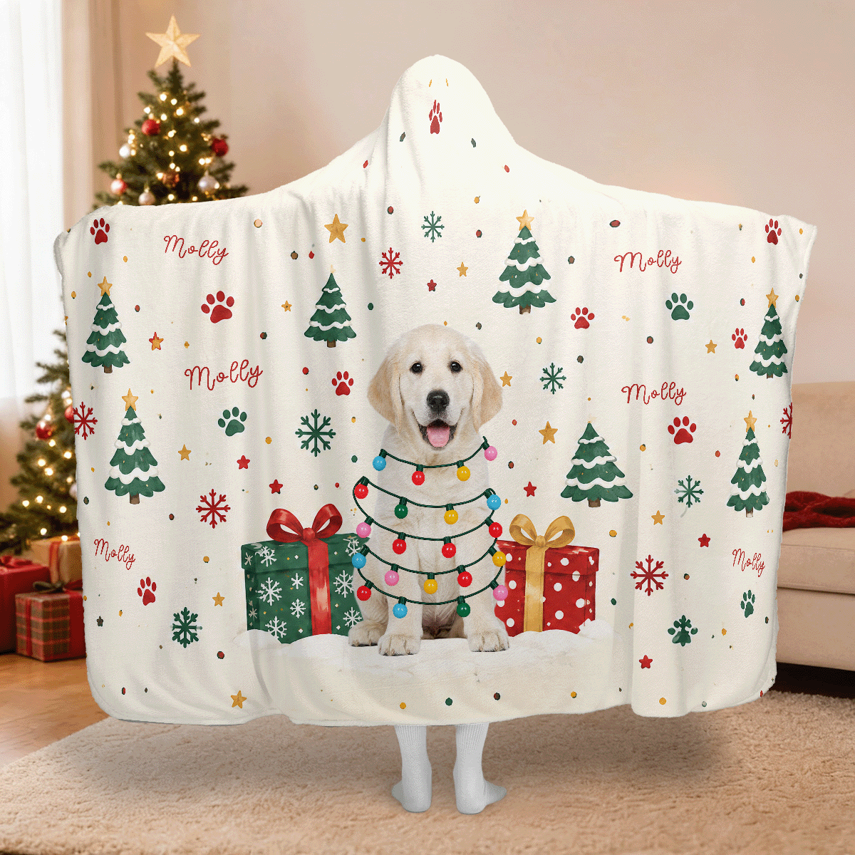 Personalized custom pet photo Christmas lights pattern hooded blanket with custom name, back view