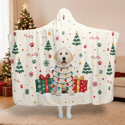 Personalized custom pet photo Christmas lights pattern hooded blanket with custom name, back view