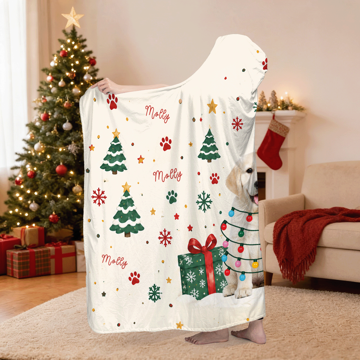 Personalized custom pet photo Christmas lights pattern hooded blanket side view showing the sherpa lining