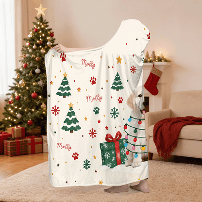 Personalized custom pet photo Christmas lights pattern hooded blanket side view showing the sherpa lining
