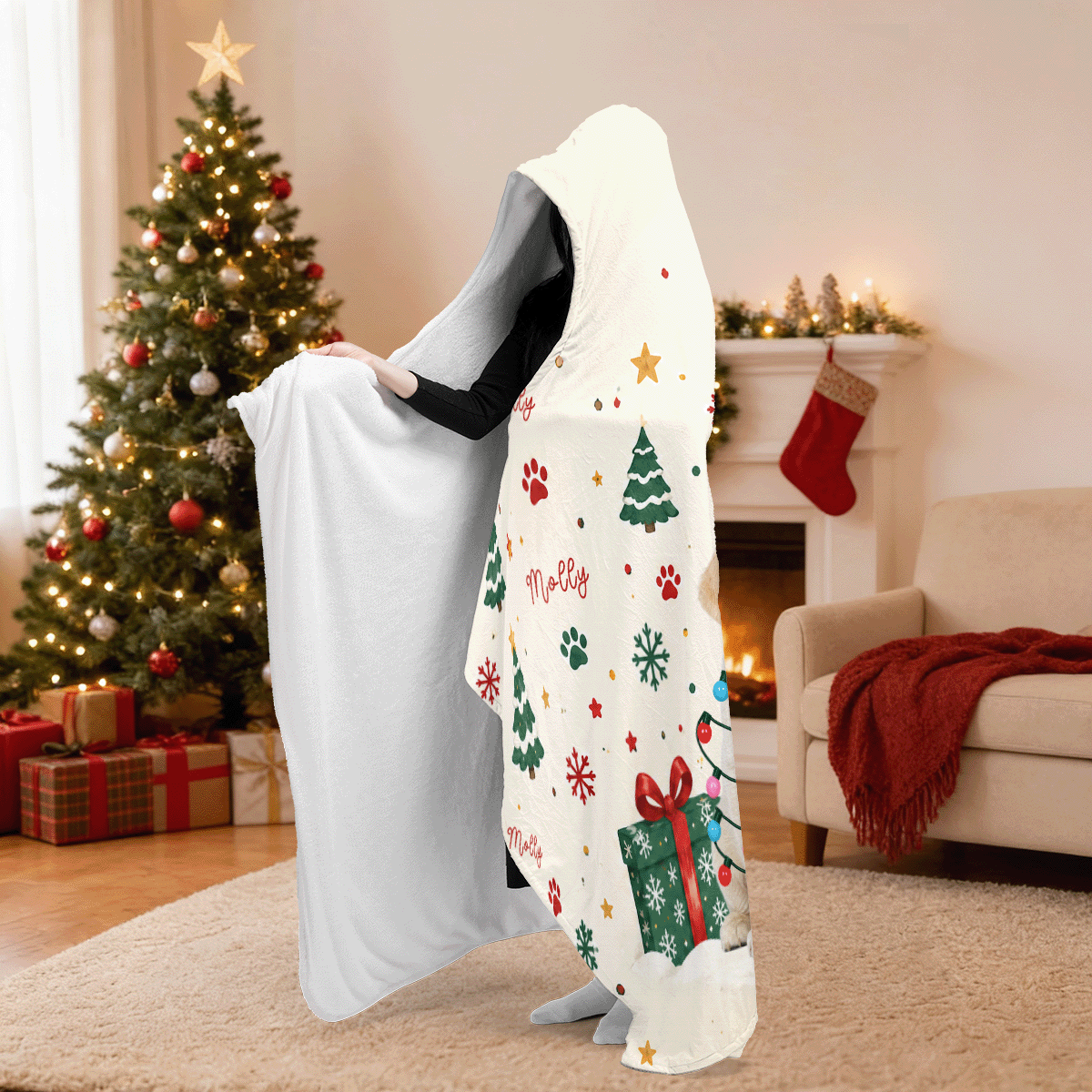 Custom name custom pet photo Christmas lights pattern hooded blanket, view 3
