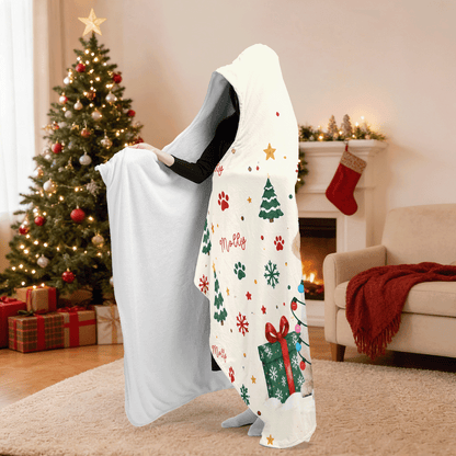 Custom name custom pet photo Christmas lights pattern hooded blanket, view 3