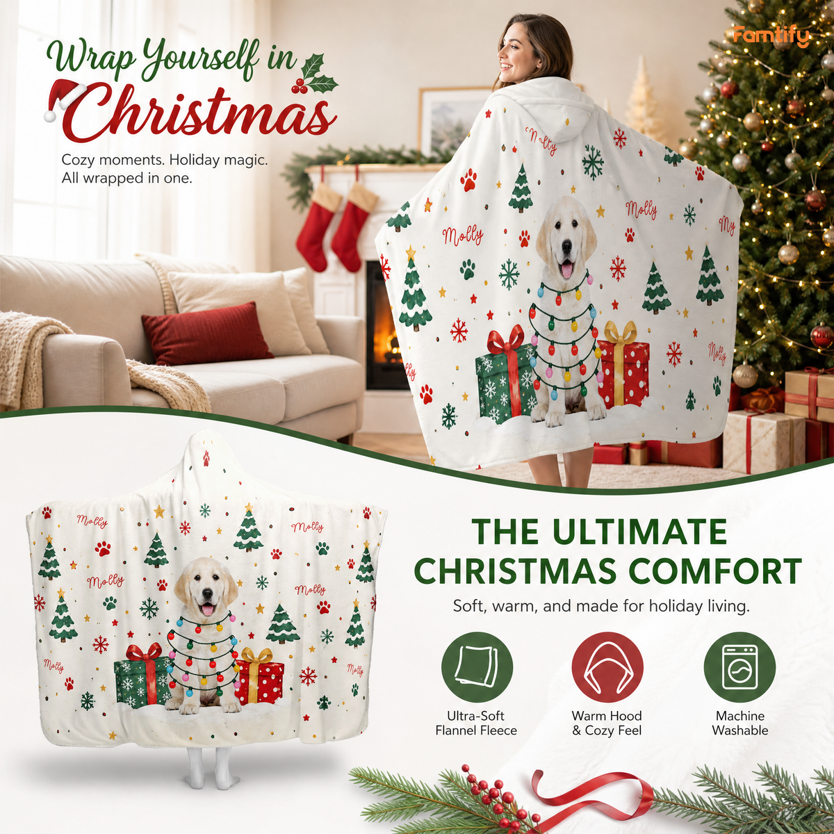 Custom name custom pet photo Christmas lights pattern hooded blanket, view 4