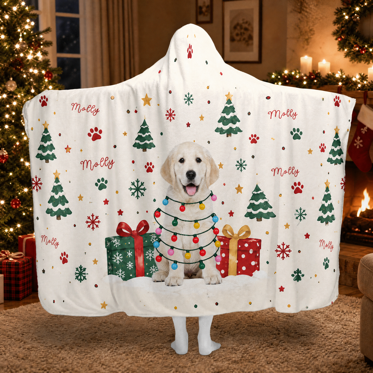 Custom name custom pet photo Christmas lights pattern hooded blanket, view 5