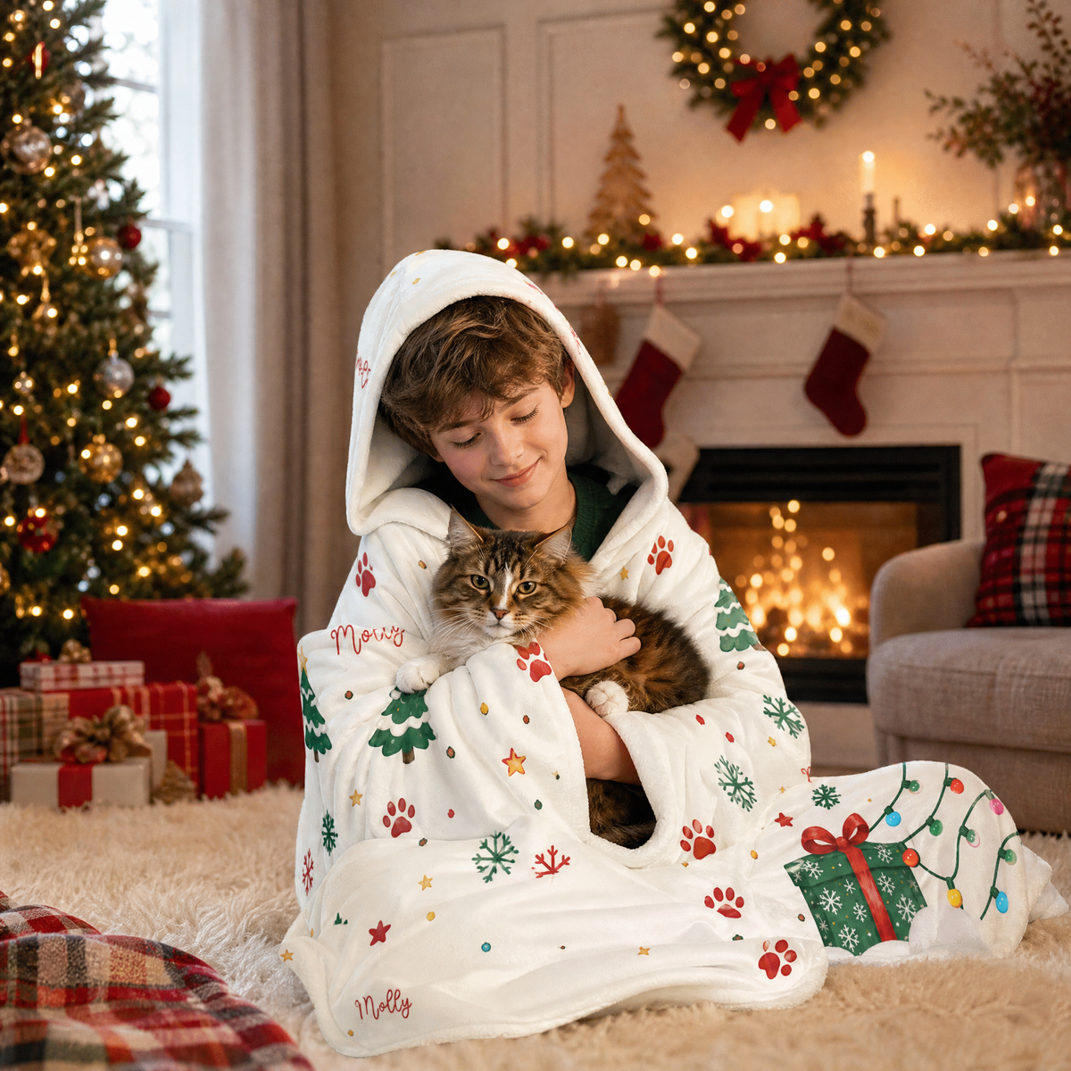 Custom name custom pet photo Christmas lights pattern hooded blanket, view 7