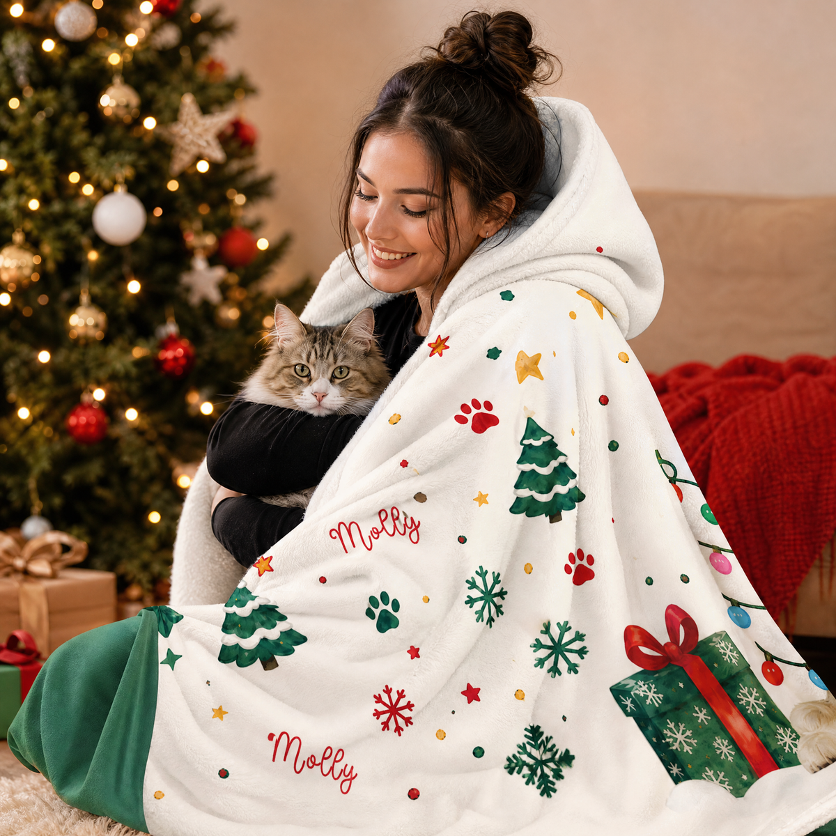 Custom name custom pet photo Christmas lights pattern hooded blanket, view 8
