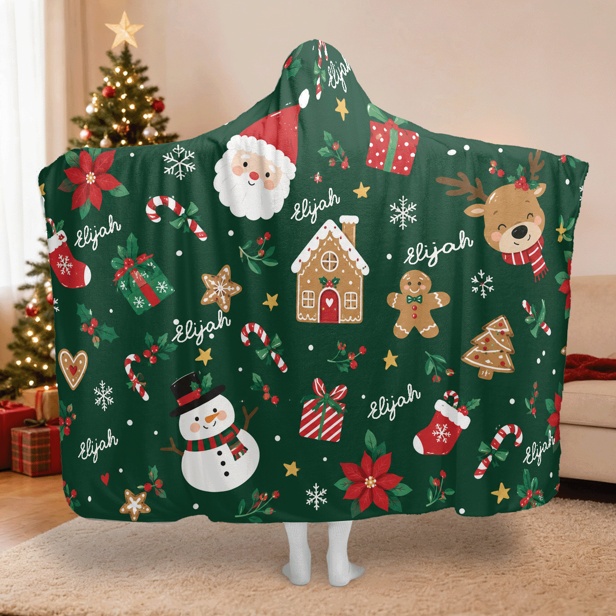 Personalized gingerbread Santa reindeer Christmas hooded blanket with custom name, back view