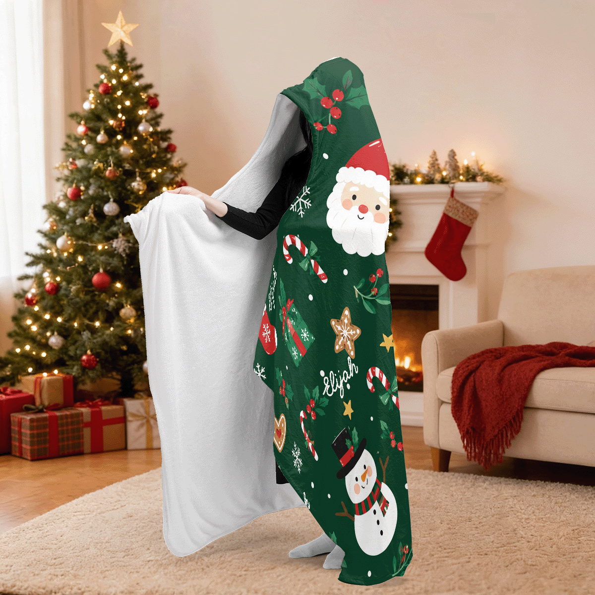 Personalized gingerbread Santa reindeer hooded blanket side view showing the sherpa lining