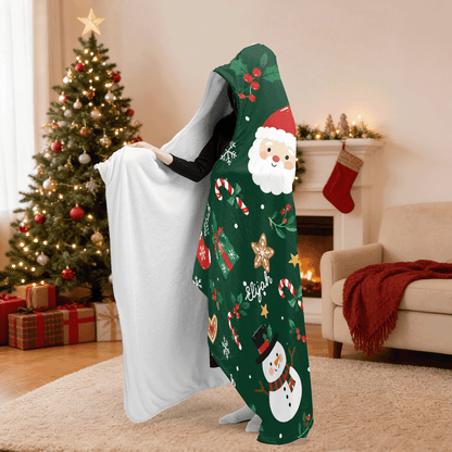 Personalized gingerbread Santa reindeer hooded blanket side view showing the sherpa lining