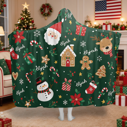 Custom name gingerbread Santa reindeer Christmas hooded blanket, view 4