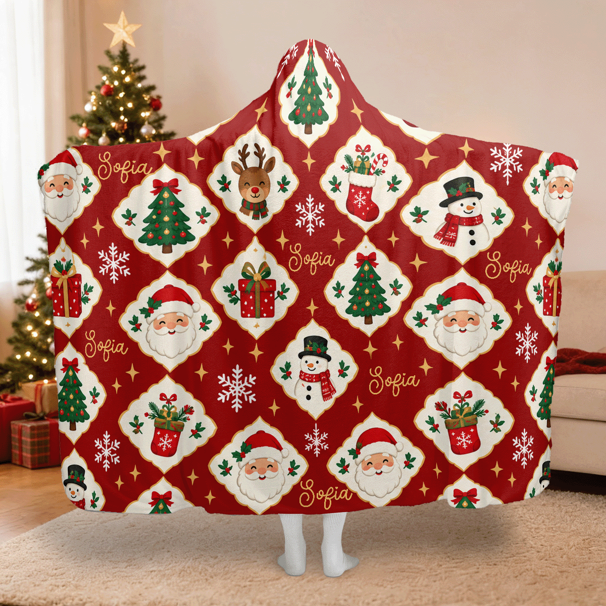 Personalized diamond lattice Santa snowman Christmas hooded blanket with custom name, back view