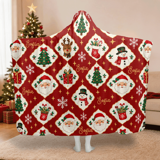 Personalized diamond lattice Santa snowman Christmas hooded blanket with custom name, back view