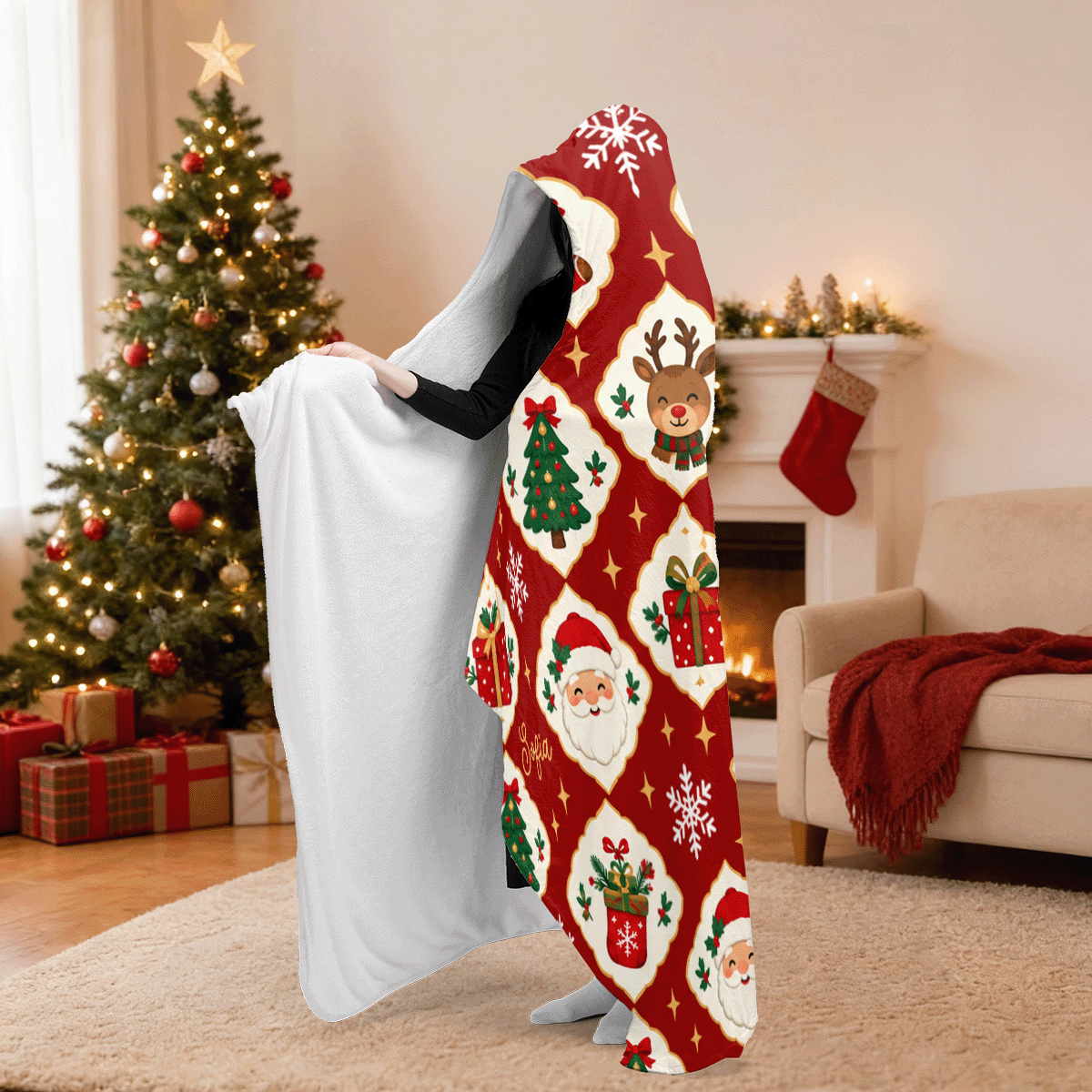 Personalized diamond lattice Santa snowman hooded blanket side view showing the sherpa lining