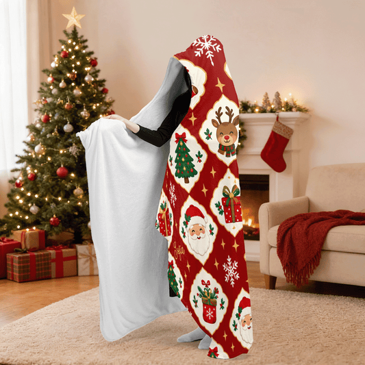 Personalized diamond lattice Santa snowman hooded blanket side view showing the sherpa lining