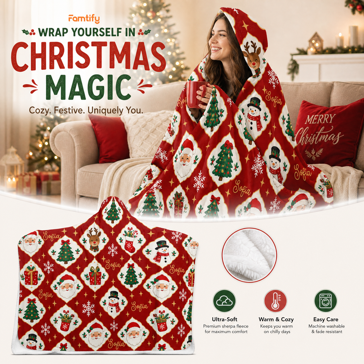 Custom name diamond lattice Santa snowman Christmas hooded blanket, view 3