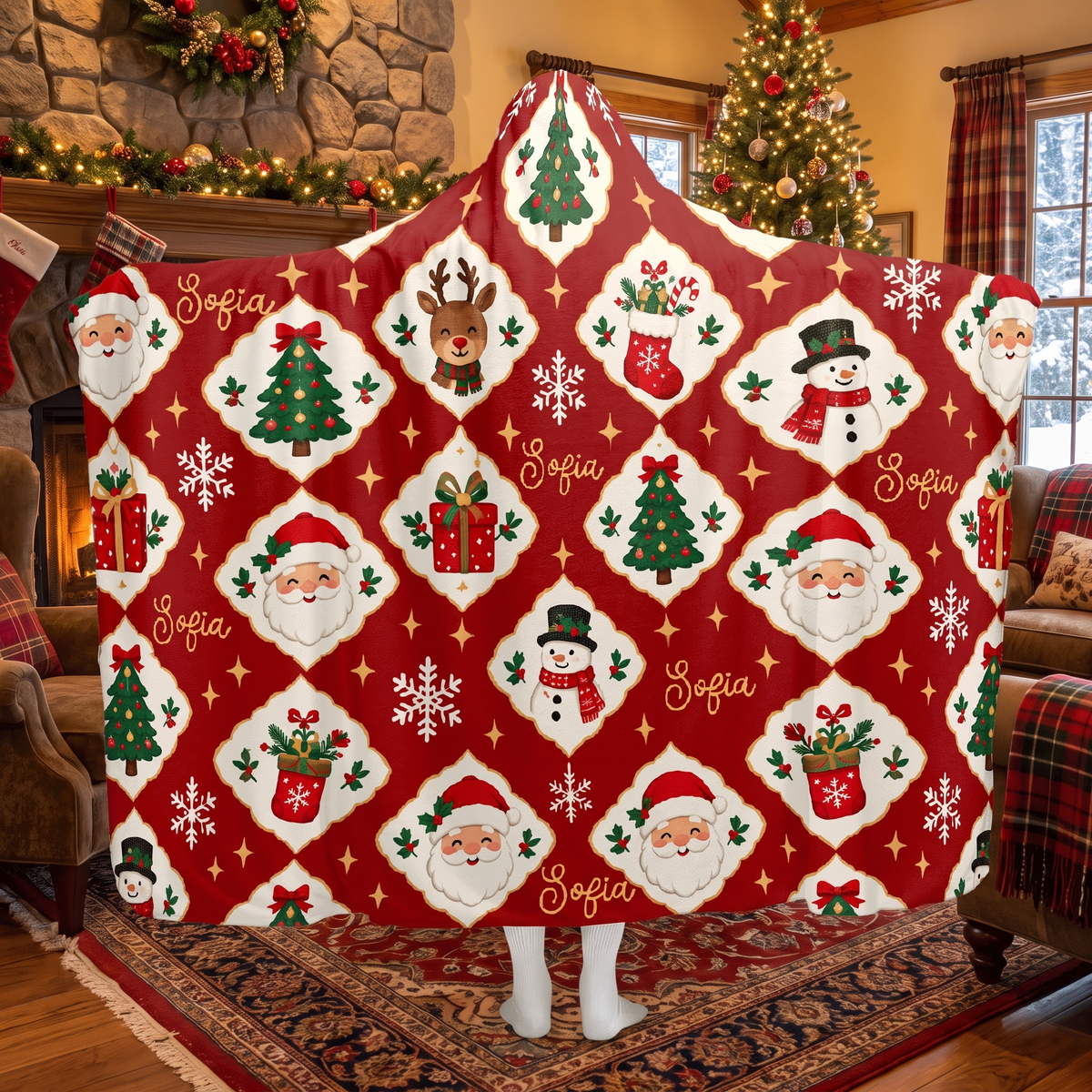 Custom name diamond lattice Santa snowman Christmas hooded blanket, view 4