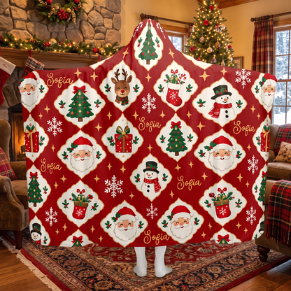 Custom name diamond lattice Santa snowman Christmas hooded blanket, view 4