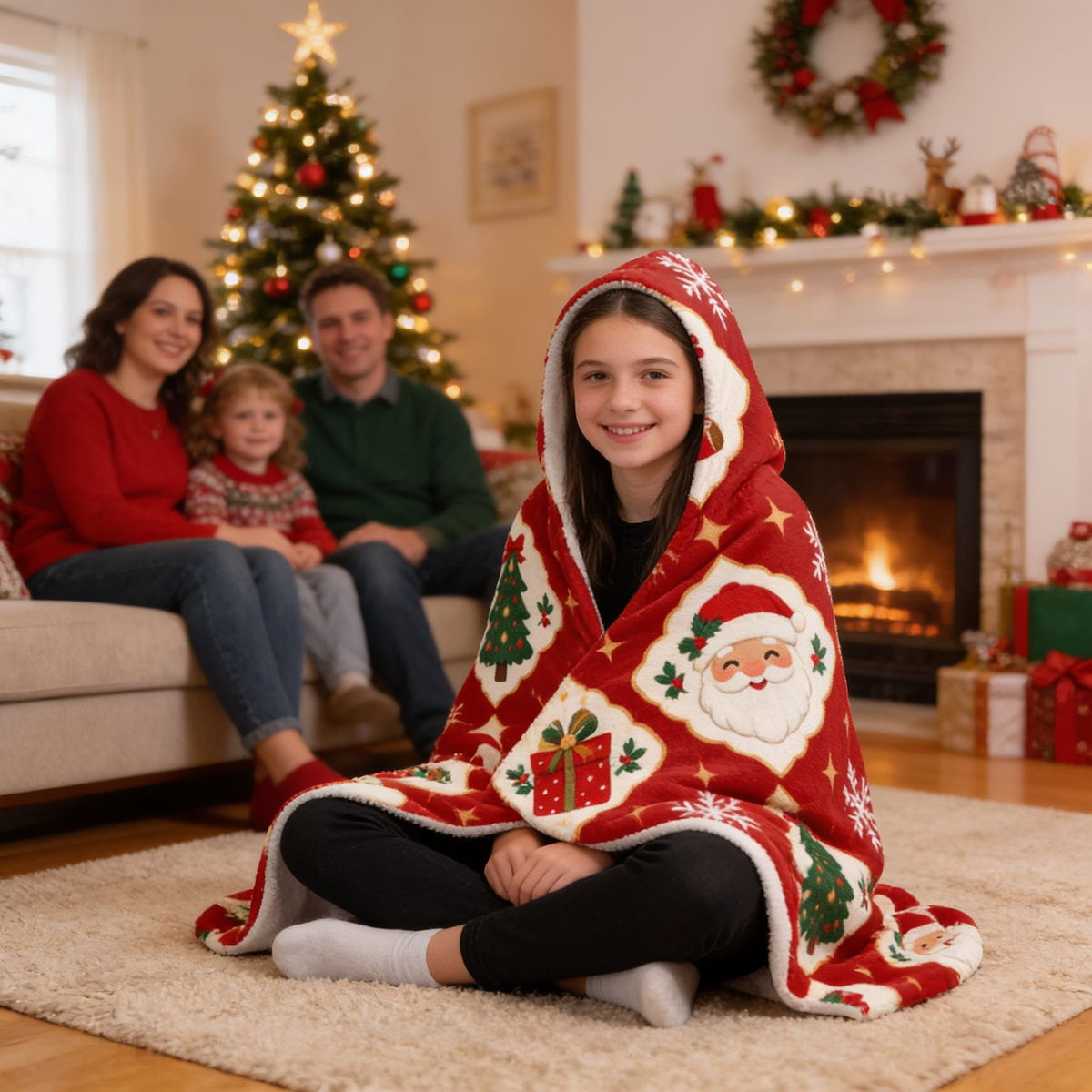 Custom name diamond lattice Santa snowman Christmas hooded blanket, view 6