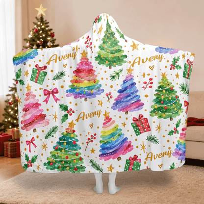 Personalized watercolor rainbow Christmas trees hooded blanket with custom name, back view