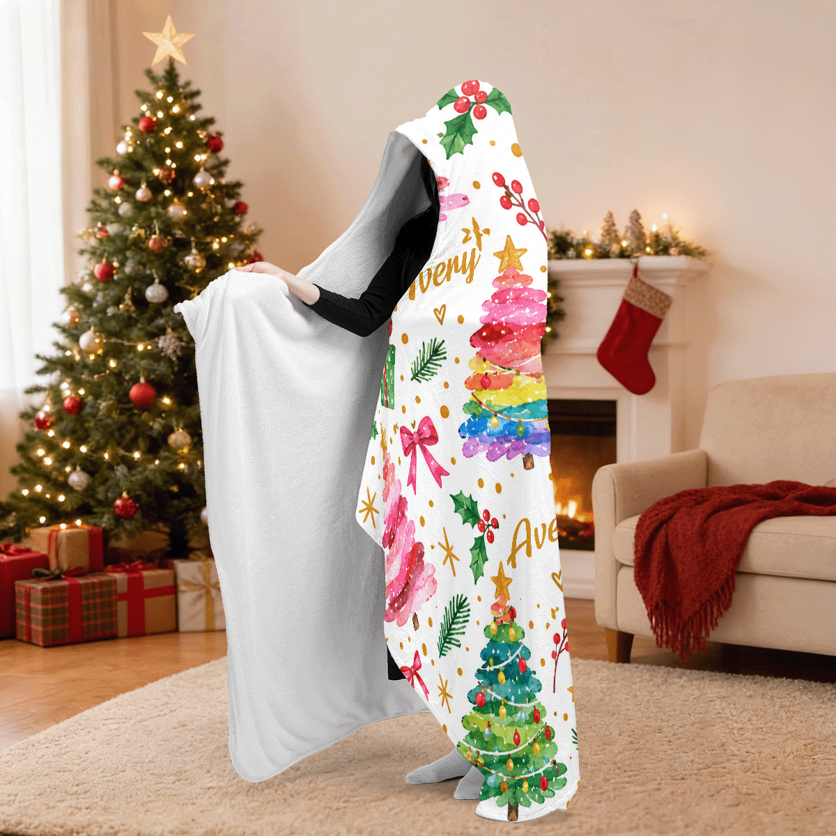 Personalized watercolor rainbow Christmas trees hooded blanket side view showing the sherpa lining