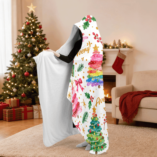 Personalized watercolor rainbow Christmas trees hooded blanket side view showing the sherpa lining