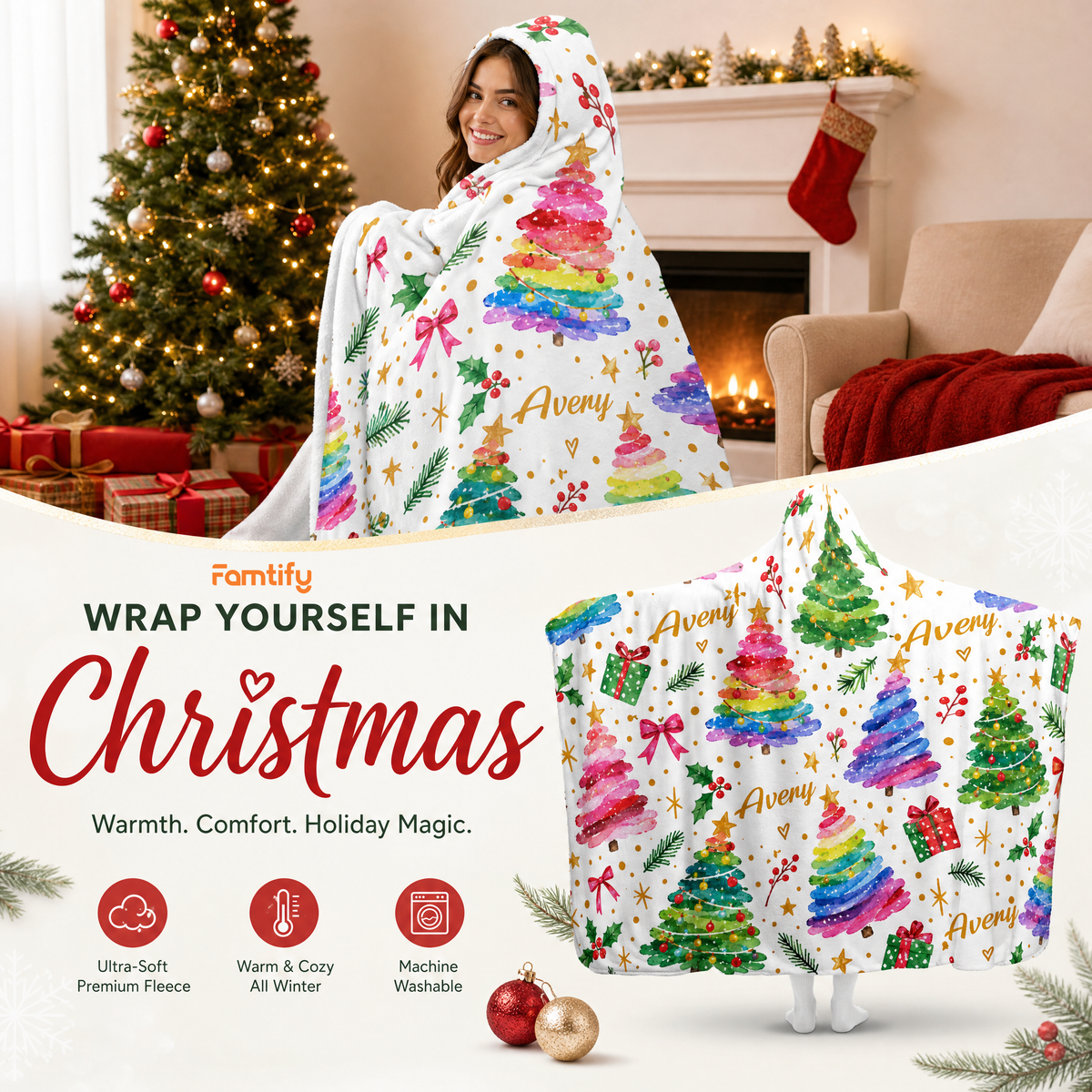 Custom name watercolor rainbow Christmas trees hooded blanket, view 3
